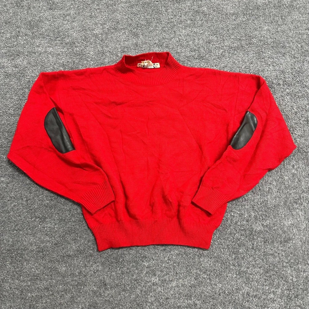 Mona Lisa Sweater Womens Size L Red Mock Neck Faux Leather Elbow Patch Knit Top
